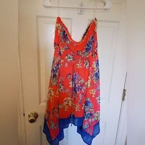 My Michelle Neon Orange Pink Floral Strapless Dress L Super Cute& Unique!